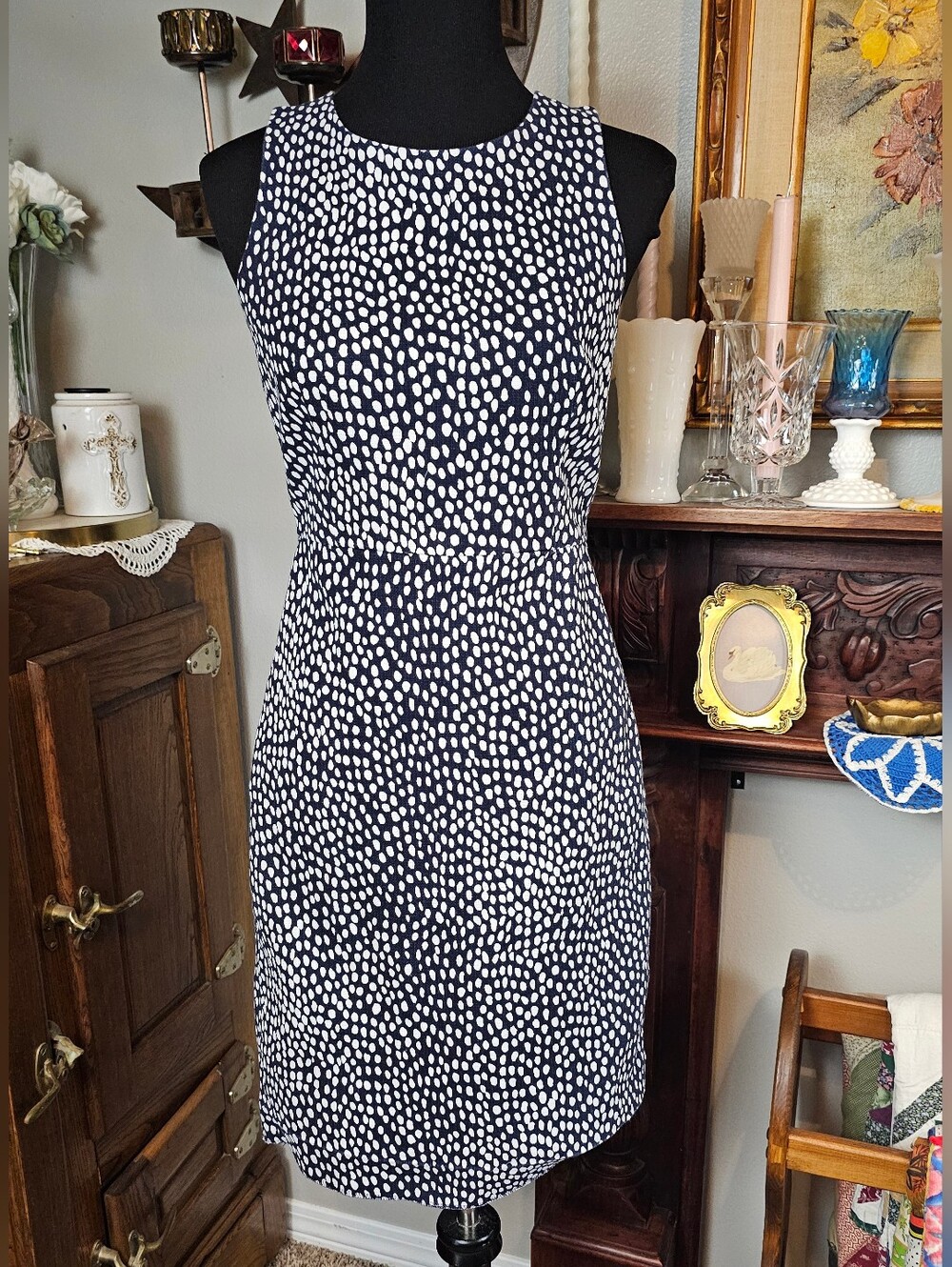 J.Crew Navy White Dot Sheath Dress Size 4 Sleeveless Cotton Lined Career